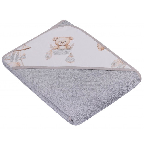 Ręcznik z kapturkiem dla niemowlaka okrycie 80x80 cm BAWEŁNA druk misie szare