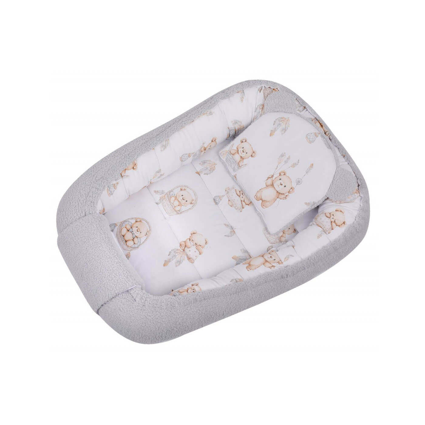 Kokon niemowlęcy Boucle, gniazdko z poduszką 75x50 cm Szary misie