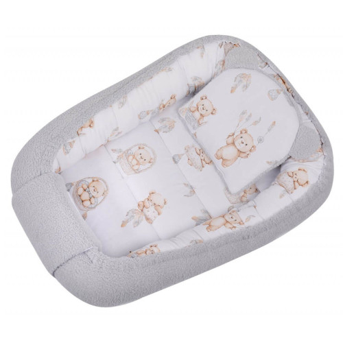 Kokon niemowlęcy Boucle, gniazdko z poduszką 75x50 cm Szary misie