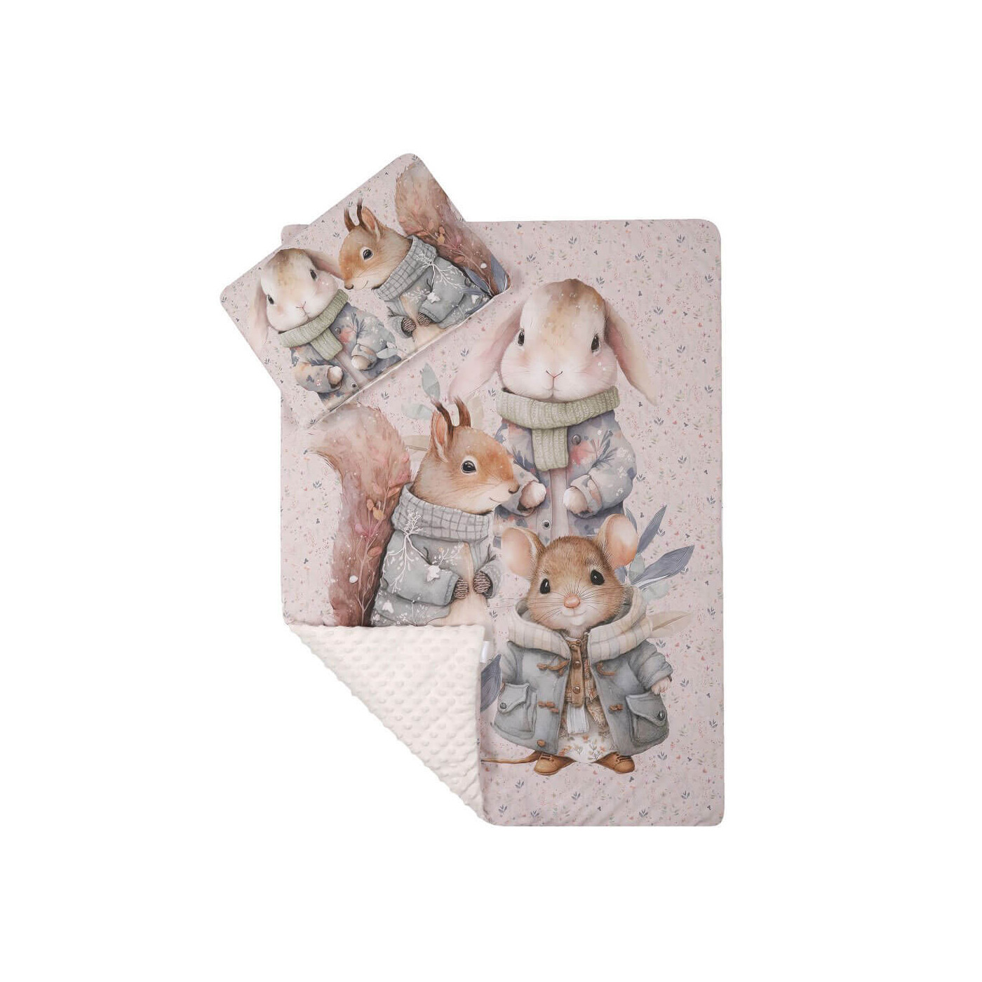 Komplet do wózka Kocyk 75x100 cm + poduszka 63x73 cm – Zestaw pościeli| Wiewiórka beżowy