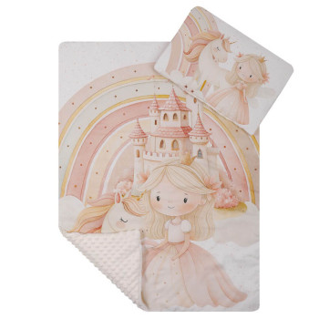 Komplet do wózka Kocyk 75x100 cm + poduszka 29x42 cm – Zestaw pościeli minky z zwierzątkami| Księżniczka tęcza