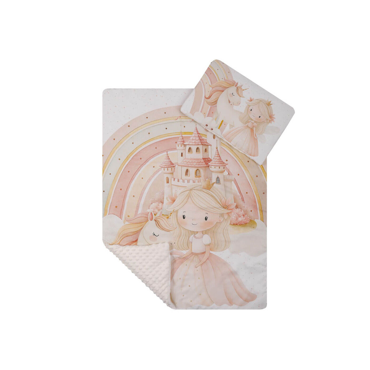 Komplet do wózka Kocyk 75x100 cm + poduszka 29x42 cm – Zestaw pościeli minky z zwierzątkami| Księżniczka tęcza