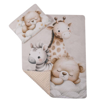 Komplet do wózka Kocyk 75x100 cm + poduszka 29x42 cm – Zestaw pościeli  Minky z zwierzątkami| Miś Żyrafa