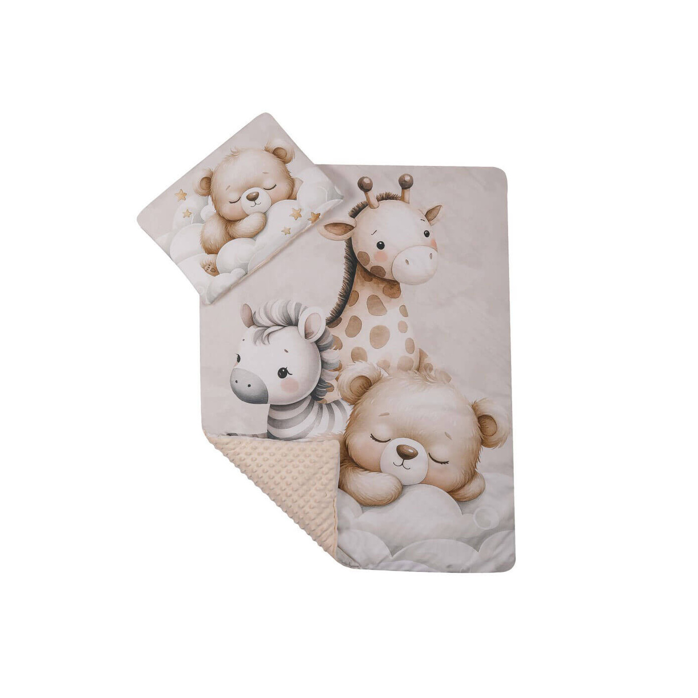 Komplet do wózka Kocyk 75x100 cm + poduszka 29x42 cm – Zestaw pościeli  Minky z zwierzątkami| Miś Żyrafa