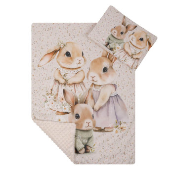 Komplet do wózka Kocyk 75x100 cm + poduszka 29x42 cm – Zestaw pościeli  Minky z zwierzątkami| Króliczki beż