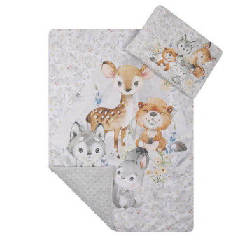 Komplet do wózka Kocyk 75x100 cm + poduszka 29x42 cm – Zestaw pościeli  Minky z zwierzątkami| Zwierzątka szary