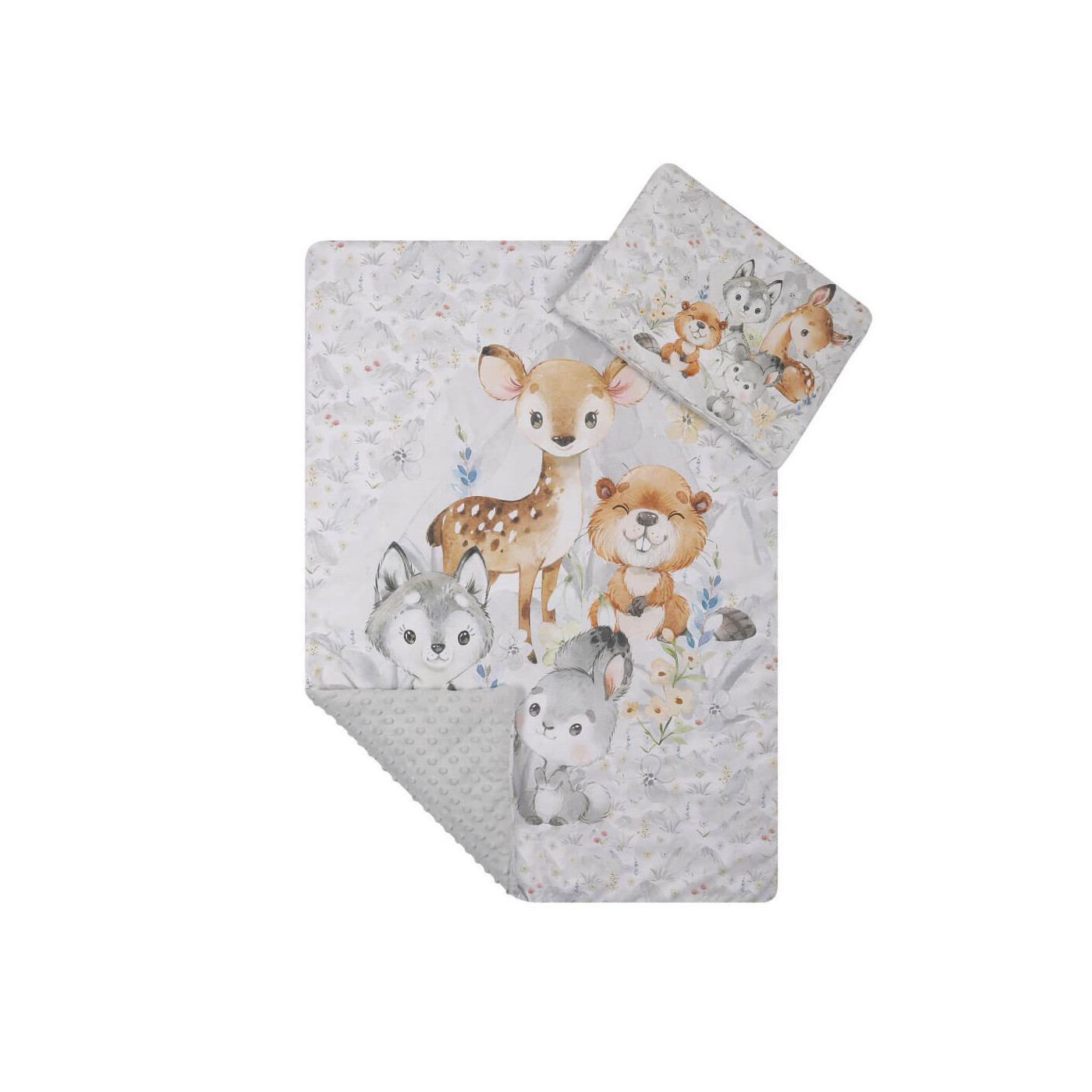 Komplet do wózka Kocyk 75x100 cm + poduszka 29x42 cm – Zestaw pościeli  Minky z zwierzątkami| Zwierzątka szary