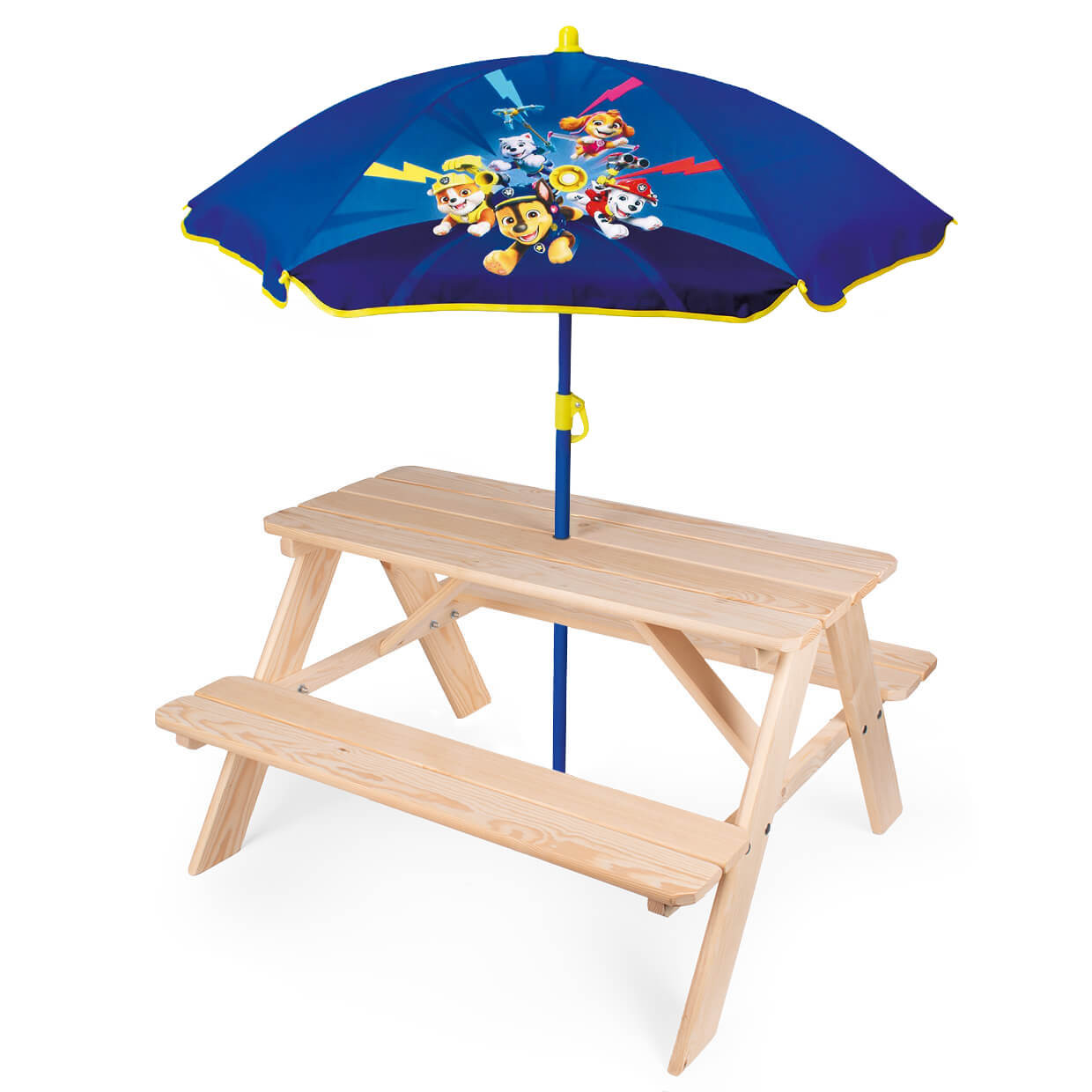 Drewniany stolik ogrodowy dla dzieci z parasolem