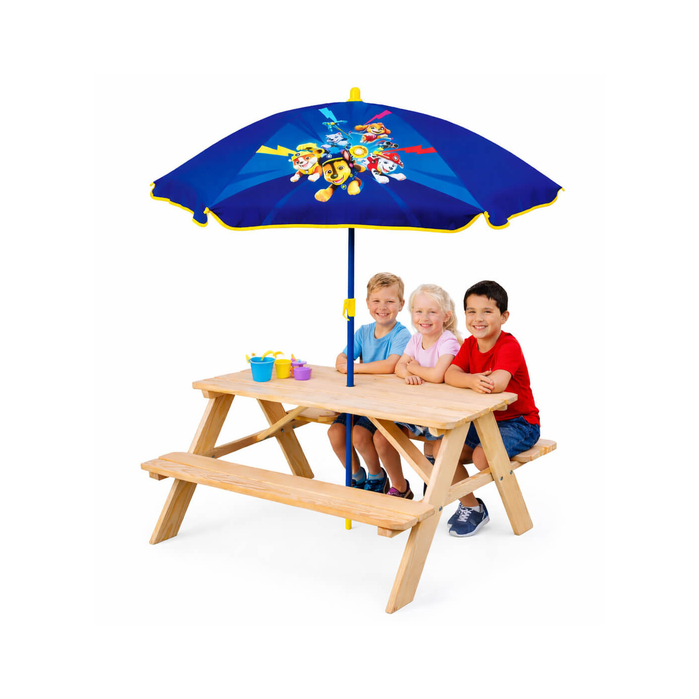 Drewniany stolik ogrodowy dla dzieci z parasolem plażowym Psi Patrol