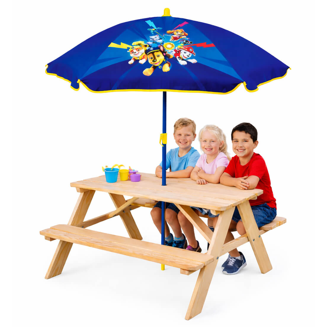 Zestaw ogrodowy dla dzieci drewniany stolik i parasol ogorodowy