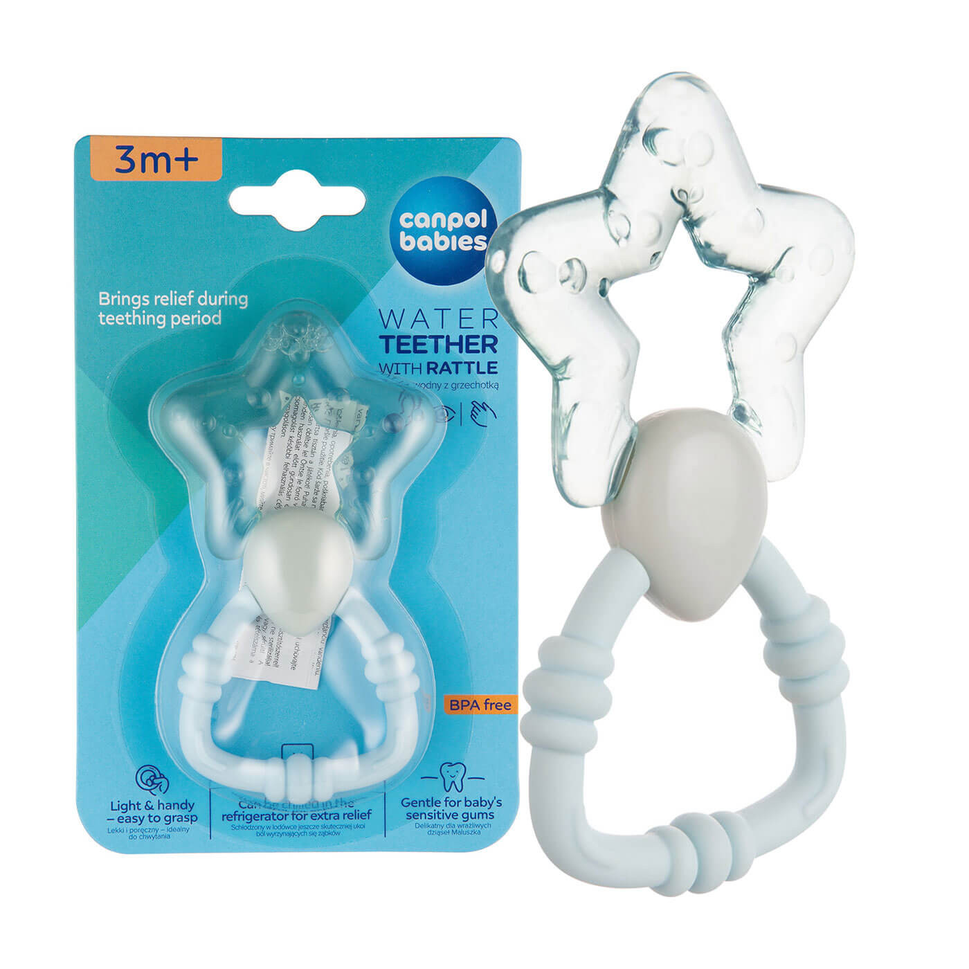 Gryzak wodny na ząbkowanie z grzechotką dla niemowląt 3m+ Canpol babies | Różdżka niebieska