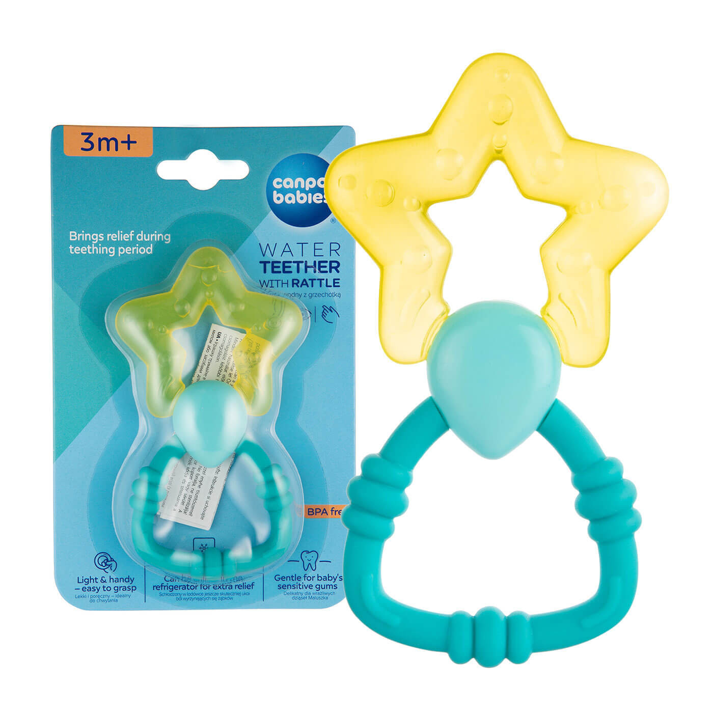Gryzak wodny na ząbkowanie z grzechotką dla niemowląt 3m+ Canpol babies | Różdżka żółta