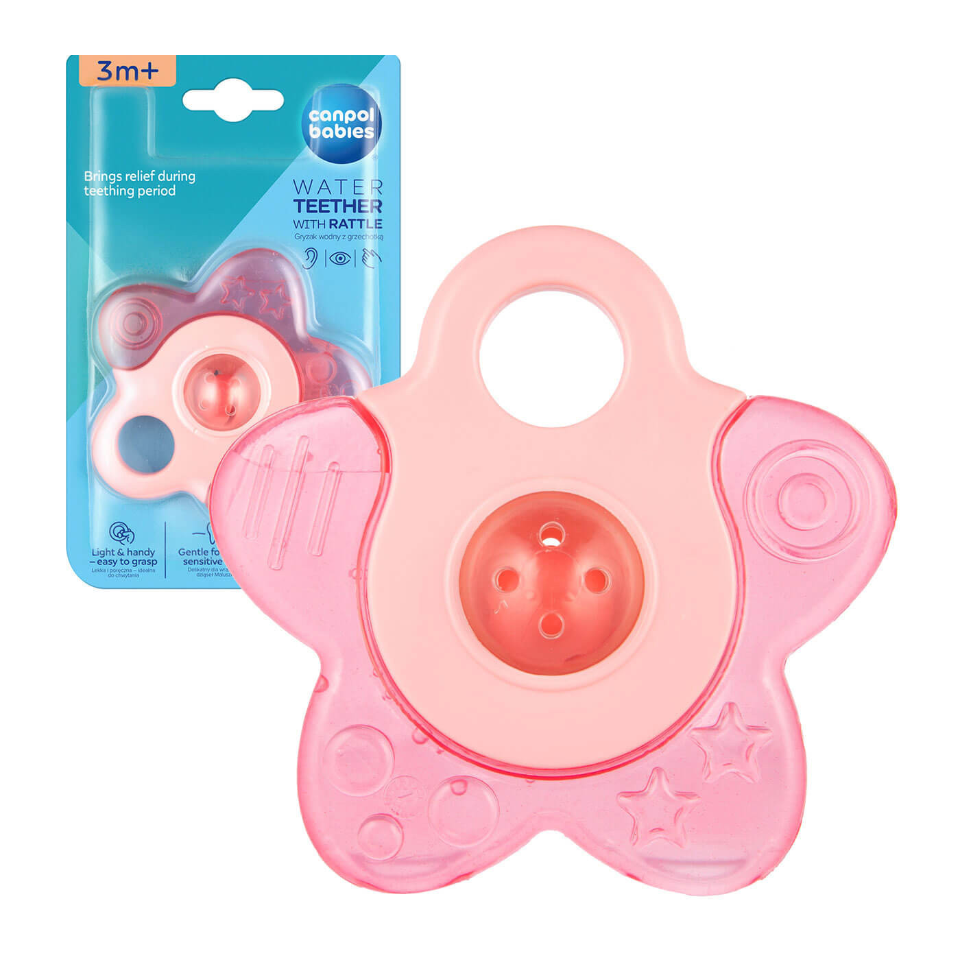 Gryzak wodny na ząbkowanie z grzechotką dla niemowląt 3m+ Canpol babies | Gwiazda różowa