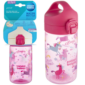 Bidon na wodę zamykany z ustnikiem i uchwytem  Junior Canpol 400 ml | Różowy Jednorożce