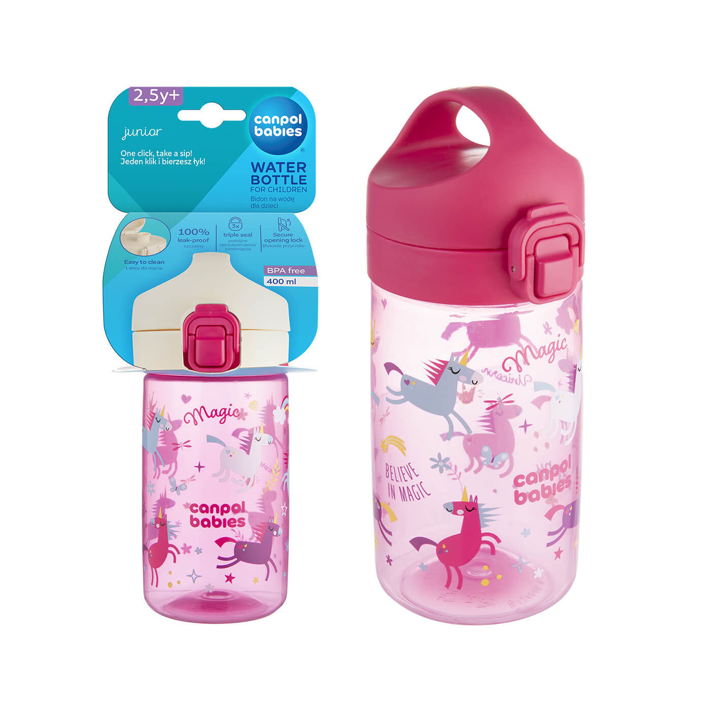 Bidon na wodę zamykany z ustnikiem i uchwytem  Junior Canpol 400 ml | Różowy