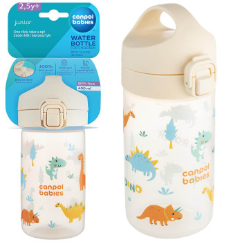 Bidon na wodę zamykany z ustnikiem i uchwytem  Junior Canpol 400 ml | Beżowy dinozaury