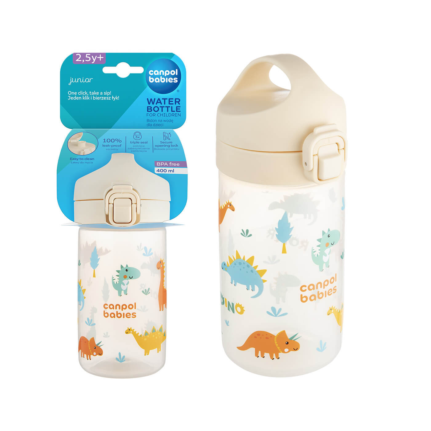 Bidon na wodę zamykany z ustnikiem i uchwytem  Junior Canpol 400 ml | Beżowy dinozaury