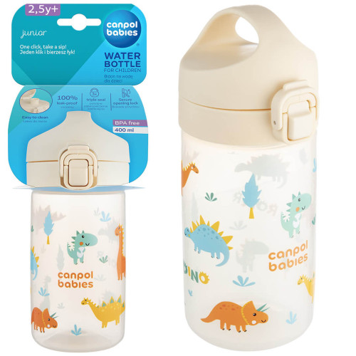 Bidon na wodę zamykany z ustnikiem i uchwytem  Junior Canpol 400 ml | Beżowy dinozaury