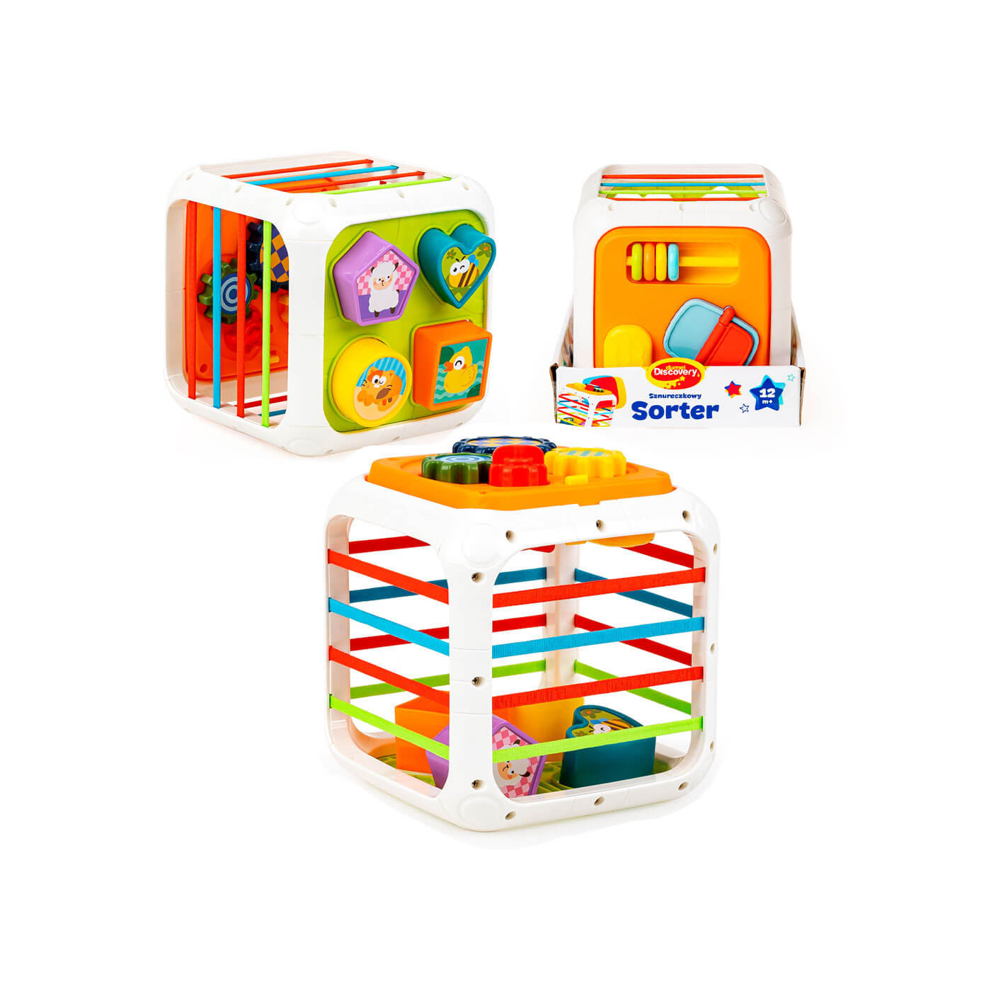 Sznureczkowy sorter kształtów kostka sensoryczna 12m+ edukacyjna zabawka Dumel Discovery