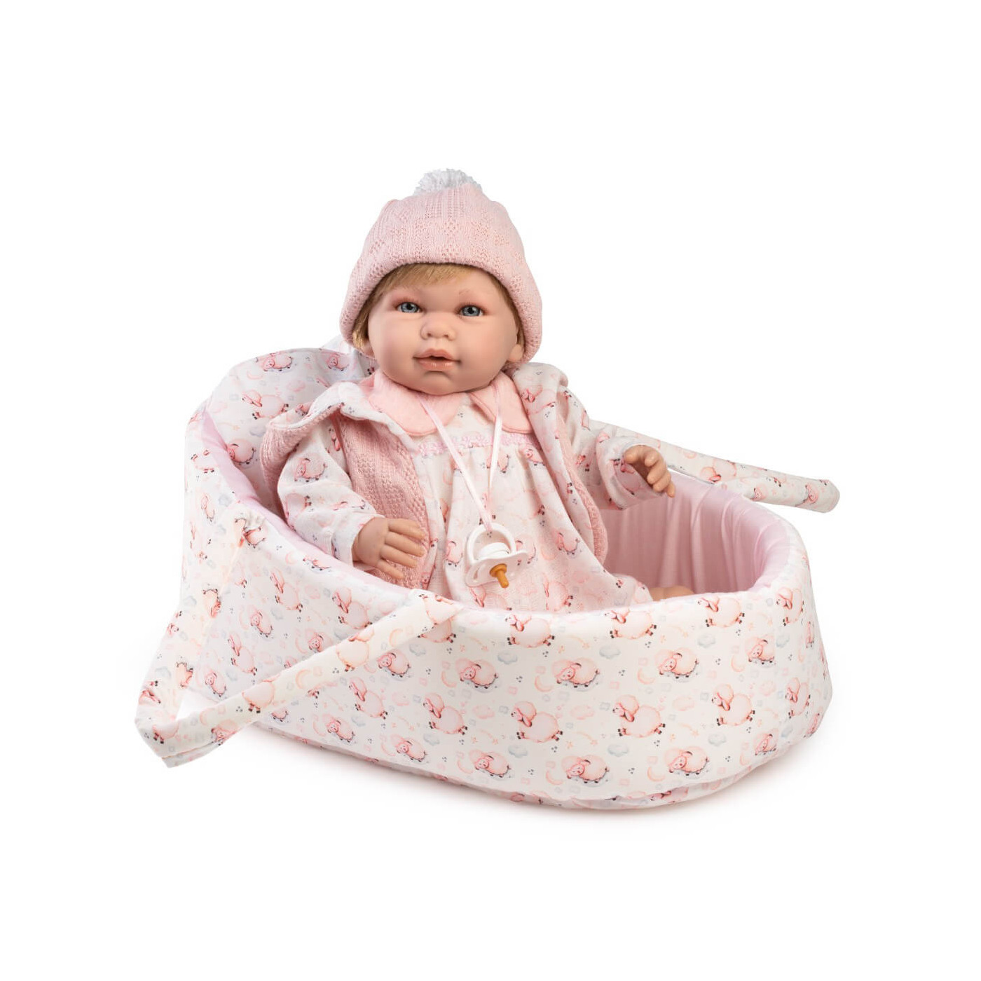 Lalka hiszpańska w nosidełku Daniela funkcyjna płacze i mówi 45 cm