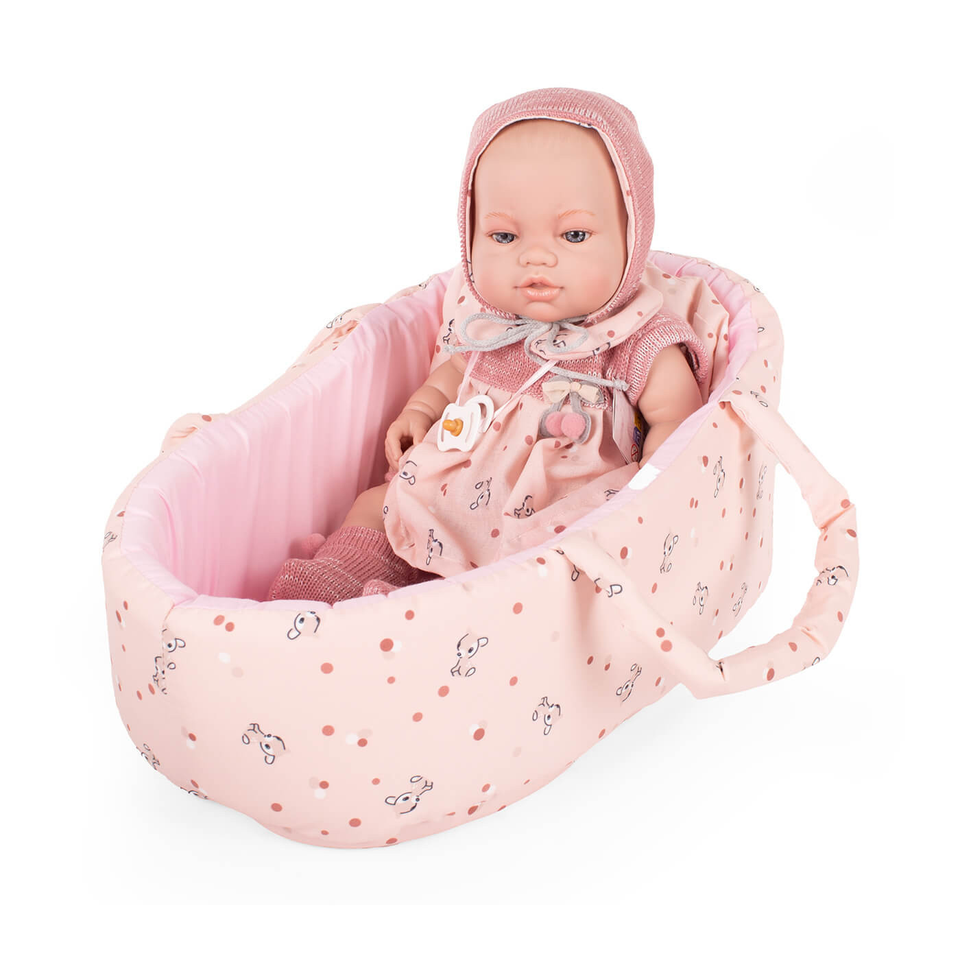 Lalka hiszpańska bobas w nosidełku ze smoczkiem 38 cm
