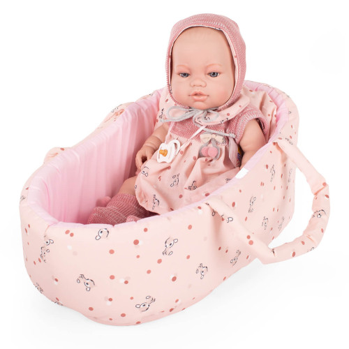 Lalka hiszpańska bobas w nosidełku ze smoczkiem 38 cm