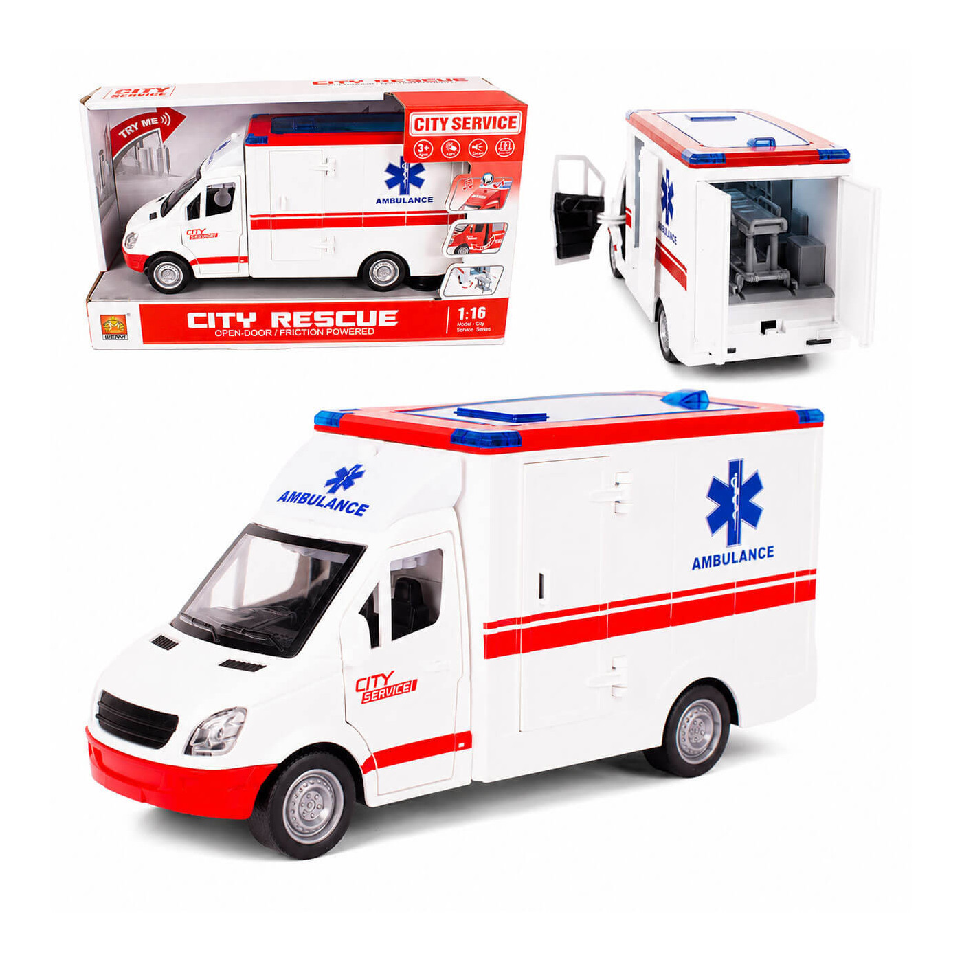 Ambulans, karetka auto pogotowia  ratunkowego z noszami, światła i dźwięk