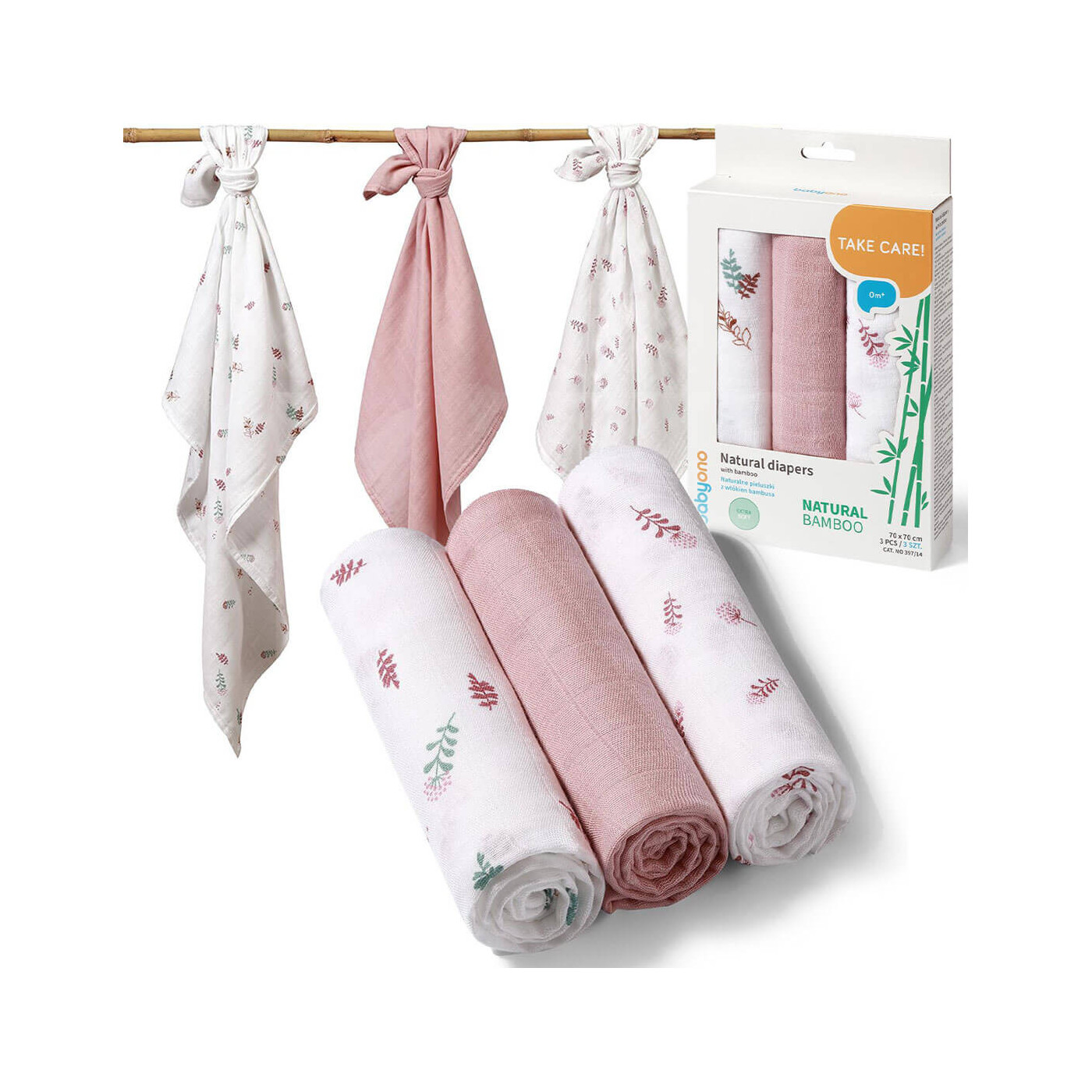 Pieluszki bambusowe BabyOno 3 sztuki miękkich pieluch 70x70 cm BabyOno | Różowe