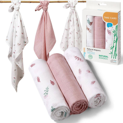 Pieluszki bambusowe BabyOno 3 sztuki miękkich pieluch 70x70 cm BabyOno | Różowe