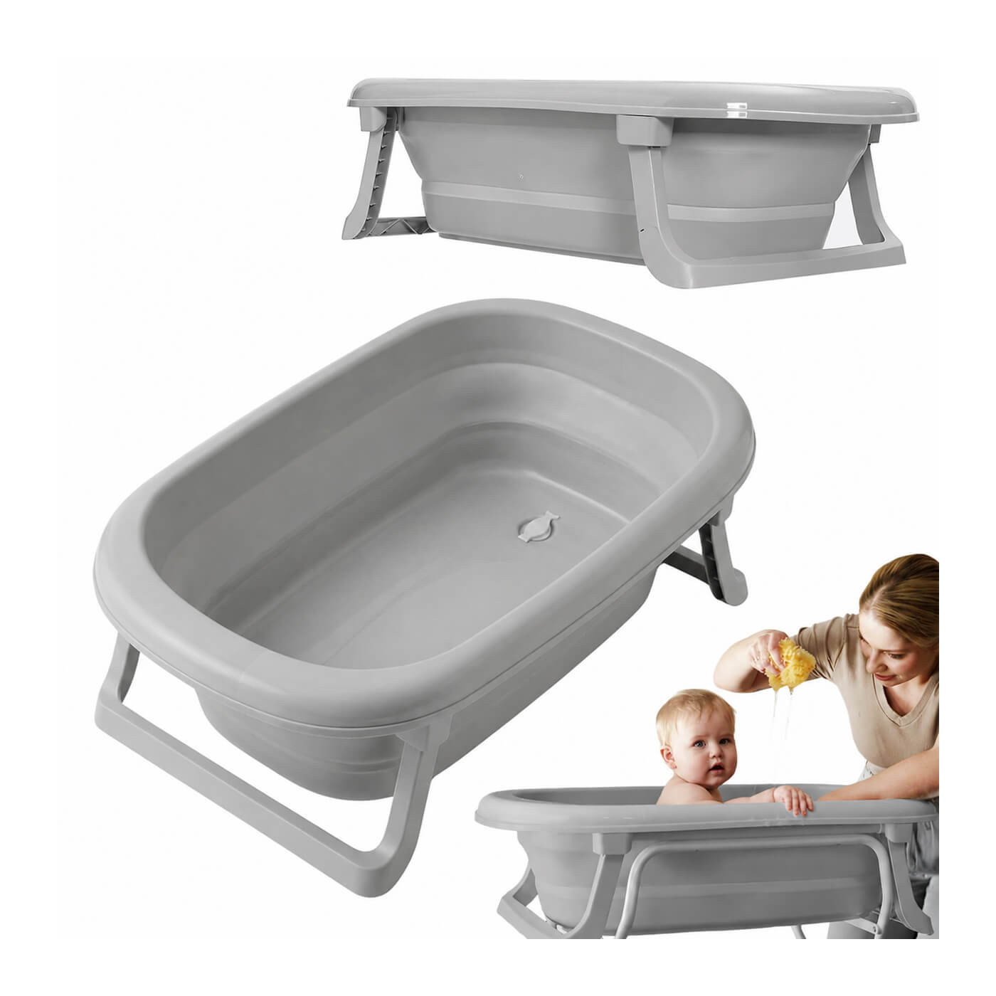 Składana wanienka dziecięca TEGA Baby 81 cm z termometrem, odpływem i nóżkami – szara