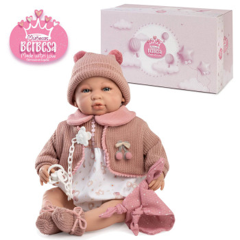 Lalka hiszpańska interaktywna płacze i mówi w modnym ubranku z smoczkiem 45 cm