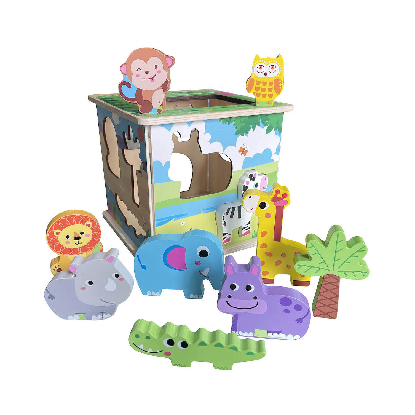 Drewniana kostka edukacyjna ZOO Smily Play sorter kształtów ze zwierzętami.