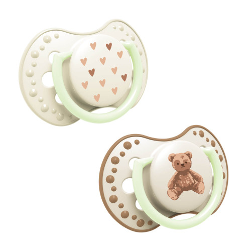 LOVI Teddy Love – smoczki uspokajające dynamiczne, świecące w ciemności, 6–18 miesięcy, 2 szt.