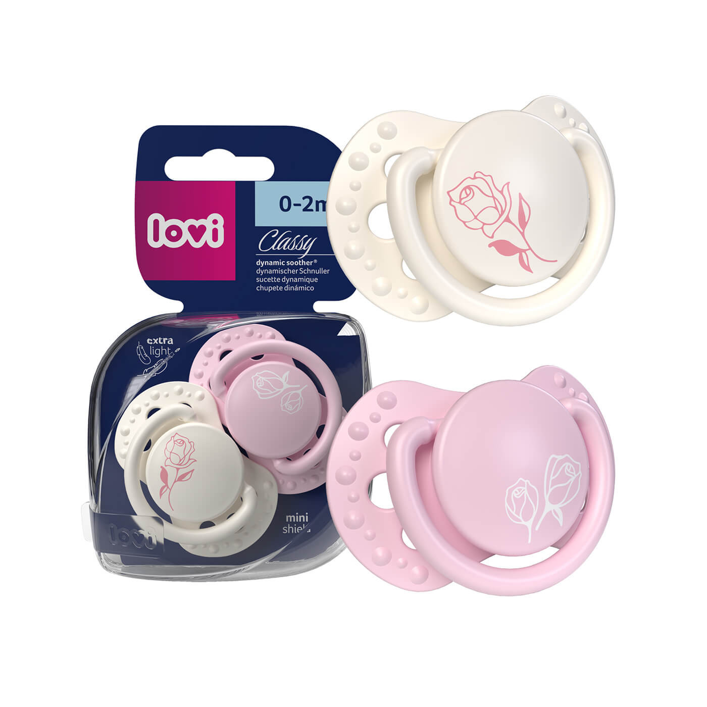 LOVI Petite Rose – smoczki dynamiczne mini silikonowe 0–2m, 2 szt.