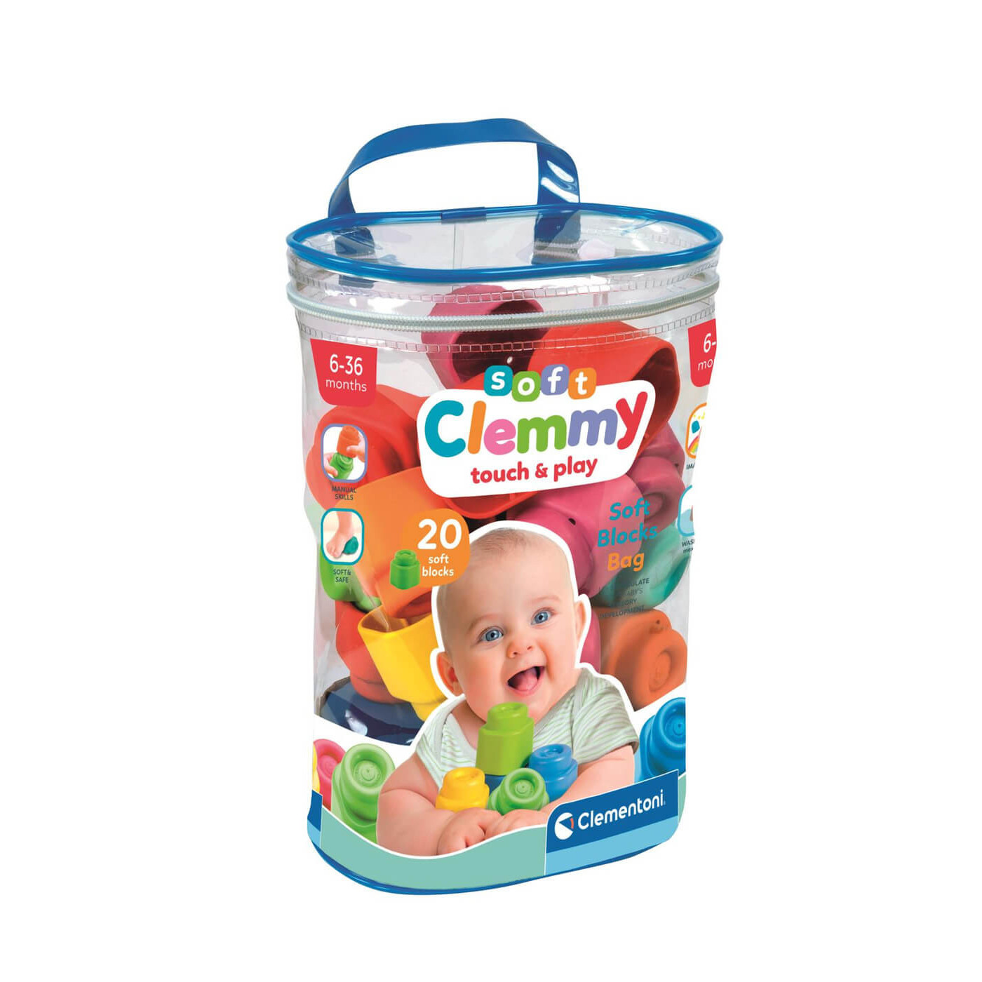 20 miękkich klocków Clemmy w woreczku Clementoni dla dzieci 6–36 mies.