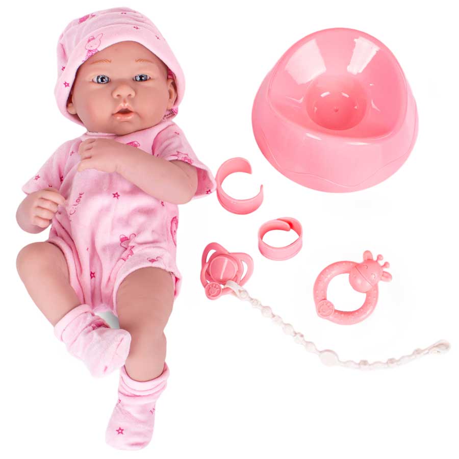 Lalka bobas, niemowlak gumowa + zestaw akcesoriów.