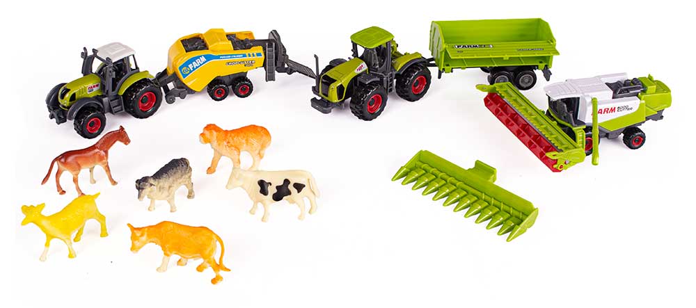 Zestaw farma, traktory z przyczepami, kombajn i figurki zwierząt