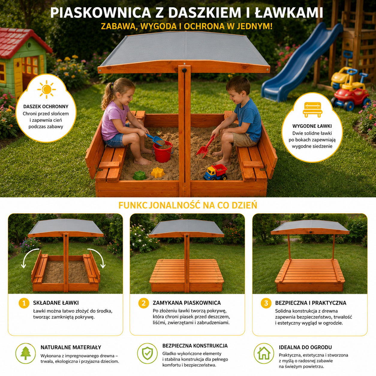 Piaskownica drewniana dla dziecka z daszkiem